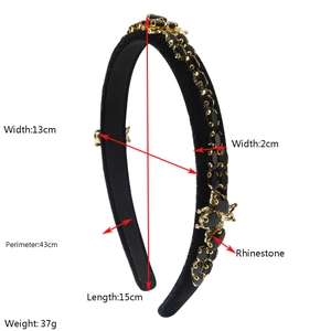 Detailed view of baroque velvet headband with black rhinestones and dimension specs
