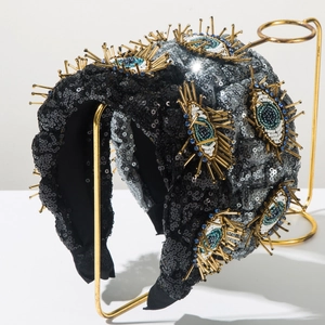 Handgefertigter Geflochtener Pailletten-Stoff-Haarreif Mit Breiter Krempe Damen Böser Blick Glasperlen Barock Vintage Mode Haarschmuck