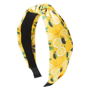 Cerchietto largo annodato con stampa di limoni gialli in tessuto di cotone fresco
