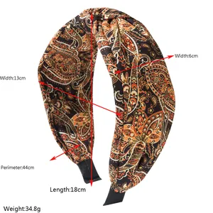 Detailed size chart showing width and dimensions of the bohemian paisley knotted headband