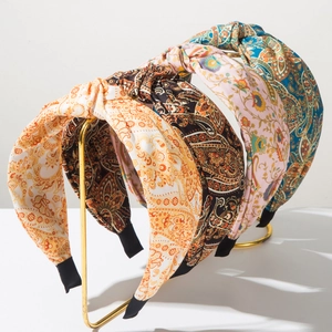 Retro Bohemian Style Wide Knotted Headband Paisley Printed Fabric Hair Hoop For Women Fashion Vacation Headwear Accessory