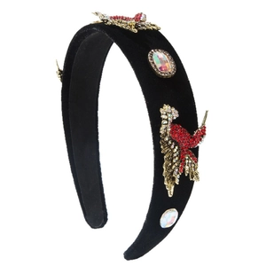 Baroque retro black velvet padded headband with colorful rhinestone bird patterns