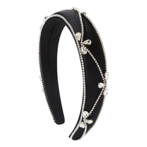 Elegant black satin headband with wavy diamond rhinestones and crystals in baroque style