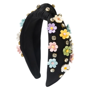 Candy-colored floral wide headband with rhinestone accents and fabric knot design