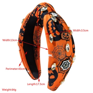 Halloween knot headband with spider web pumpkin prints and rhinestones for women