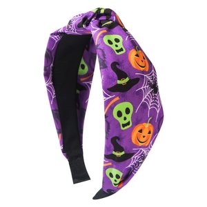 Cerchietto a nodo per Halloween in tessuto viola con stampe di zucca, teschio e ragnatela