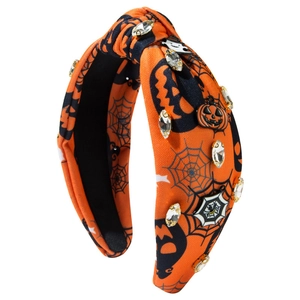 Halloween knot headband with orange spider web prints and sparkling zircon pumpkin accents