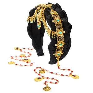 Serre-tête ethnique noir rétro avec pendentifs dorés et glands en strass colorés