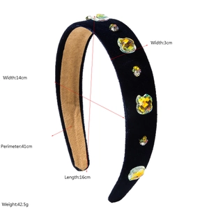 Detailed view of blue velvet baroque headband with dimensions and gemstone embellishments