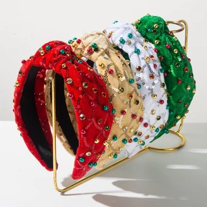 Weihnachten Samt Geknoteter Haarreif Breit Bunt Strass Künstliche Perle Paillette Festlich Haarschmuck Damen Schmuck