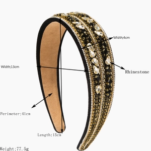 Serre-tête baroque en velours noir avec chaînes dorées et strass incluant les dimensions