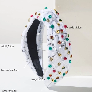 Weißes Samt-Stirnband mit bunten Pailletten, Perlen und Knotendetail für Weihnachtsfeiern