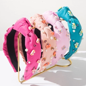 Cerchietto in Raso con Nodo Dolce con Künstliche Perle Artificiali Strass Ape Fiocco Decorazione Fascia Larga per Capelli Donna Accessori Capelli