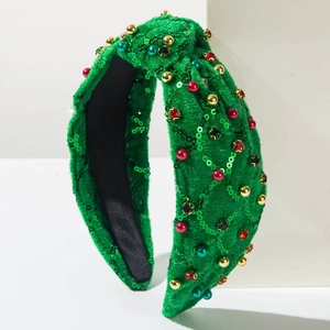 Grüner Samt-Haarreif für Weihnachten mit Strass, Perlen und Pailletten auf weißem Grund