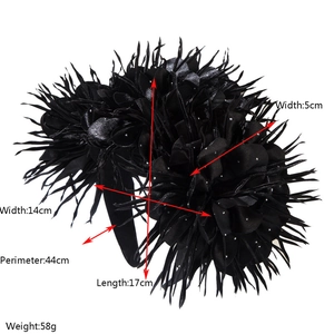Serre-tête élégant à fleurs 3D noires et plumes avec spécifications de mesure pour femmes