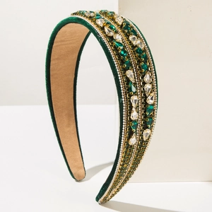Serre-tête baroque en velours vert émeraude avec cristaux brillants et perles dorées