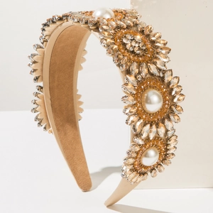 Luxury Baroque headband with champagne pearls and amber crystals on satin wide band
