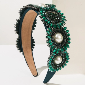 Luxury Baroque green velvet headband with emerald crystals and faux pearls for women