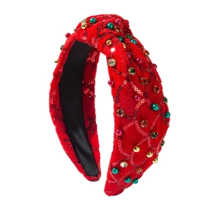 Roter Samt-Haarreif mit Knoten-Design, Weihnachts-Pailletten und bunten Strasssteinen