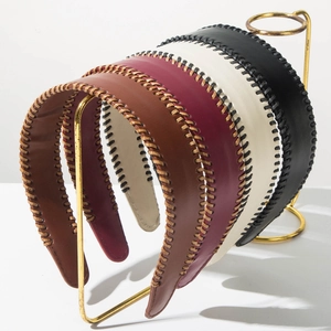 Vintage Wide Leather Headband For Women Contrast Stitching Handmade Hair Hoop Solid Color Fashion Retro Hair Accessories