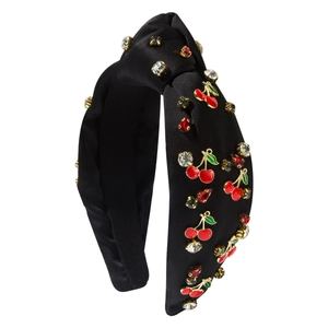 Serre-tête en satin noir avec nœud, breloques cerises et strass brillants pour femmes