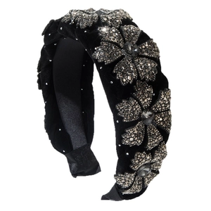 Eleganter breiter Samt Haarreif mit funkelndem Strass Blumenmuster für Damen