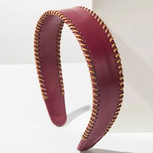 Retro burgundy wide leather headband with contrasting beige woven stitching detail