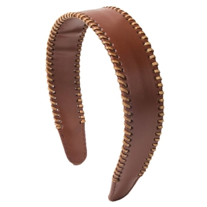 Retro dark brown leather headband with beige stitched edges in a stylish wide design