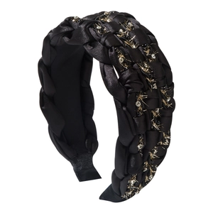 Bohemian black braided headband with golden thread, beads and sparkling crystals on white base