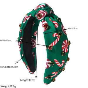 Dimensions détaillées d'un serre-tête de Noël vert avec motifs de canne en sucre et strass