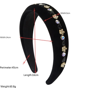 Detail showing dimensions of black velvet headband with crystal and gold flowers