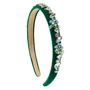 Dark green velvet headband with hand-stitched crystals, colorful gems and organza bow