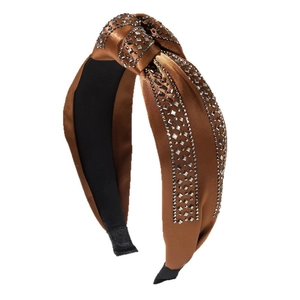 Vintage brown satin knotted headband with square rhinestones for high top hair style