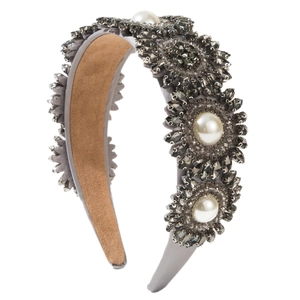 Baroque padded headband with sparkling grey crystals and white pearls on satin
