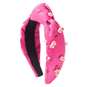Cerchietto largo annodato rosa con ciondoli a forma di orso, perle e strass decorativi