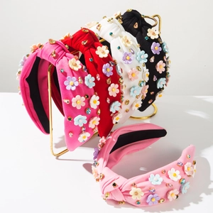 Serre-Tête Noué en Tissu de Style Baroque Avec Fleurs en Résine 3D Strass Colorés Accessoires Cheveux Mode Pour Femmes Fête