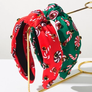 Serre-tête à Nœud de Noël pour Femmes Rouge Vert Bandeau en Tissu avec Strass Motif Sucre d'Orge Accessoires de Cheveux Festifs