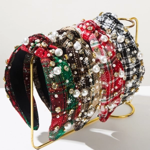 Christmas Plaid Fabric Knot Headband For Women With Faux Artificial Pearl Rhinestone Snowflake Decor Festive Party Hair Band