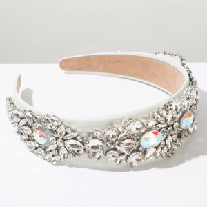 Detail view of luxury wide headband with hand-set white crystals and AB gemstones