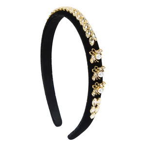 Baroque black velvet headband with luxury crystals and gold bee accents