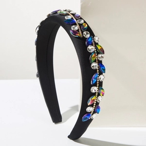 Baroque style padded headband with colorful crystals and rhinestones on black fabric base