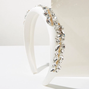 Baroque white sponge headband featuring sparkling leaf-shaped crystal rhinestone embellishments