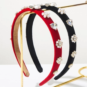 Baroque Elegant Velvet Padded Headband For Women Retro Rhinestone Artificial Pearl Heart Flower Decorative Hair Hoop Luxury Hair Accessory
