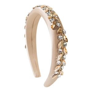 Baroque style champagne satin headband with leaf-shaped sparkling rhinestones for women