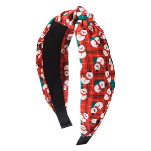 Kerst hoofdband met sneeuwpop print op rood en groen geruite stof met knoopdetail