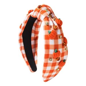 Orange plaid headband with festive pumpkin charms and rhinestones for Thanksgiving