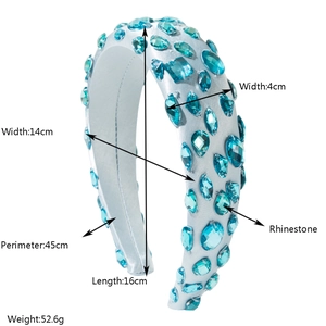 Detail showing the 4cm width and 16cm length of the blue rhinestone padded headband