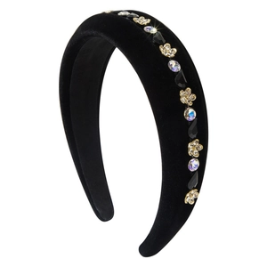 Baroque black velvet padded headband with gold flowers and colorful rhinestones