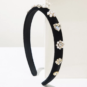 Baroque elegant velvet headband with pearls and heart-shaped rhinestones for women