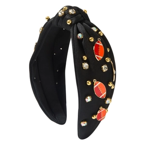 Cerchietto con nodo in tessuto nero, strass luminosi e ciondoli a forma di football